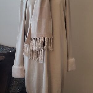 Chic Long Sleeve Cream Dress with Scarf